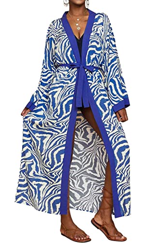 Orshoy Damen Rayon Kimono Cardigan Lang Bikini Cover Up Beach Blusen Blumendruck Leicht Sommer Strickjacke Poncho Sommer Nachtwäsche Blau von Orshoy