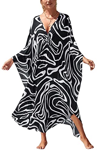 Orshoy Damen Sexy Strandkleid Vintage Elegante Leichte Sommer Strand Kleider Strandponcho Bikini Cover Up Print Lose Kaftan Kleid Schwarz Weiß Arc von Orshoy