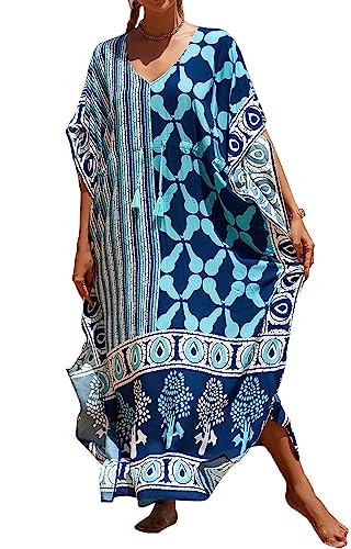 Orshoy Damen Sommer Maxi Strandkleid Bikini Cover Up Beachwear Badeanzug Boho Strand Beach Maxi Dress Nachtwäsche Casual Kleid mit Kordelzug in der Taille Hellblau von Orshoy