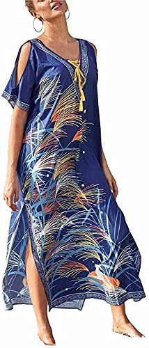 Orshoy Damen Sommer Schulterfrei Blumendruck Sommerkleid Lässiges langes Maxikleid Sexy Kleid Partykleid Strandkleider Lang Damenkleider Maxikleid Mit Schlitz Kurzarm Blau Print von Orshoy