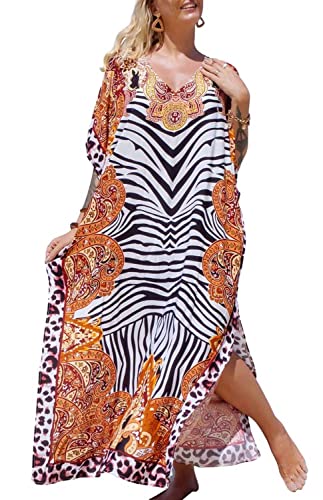 Orshoy Damen Sommerkleid Kurzarm Tief V-Ausschnitt Print Übergröße Kaftan Beach Long Dress Casual Loungewear Swimsuit Cover Up Mit Schlitz B-Zebra Orange-Rot von Orshoy