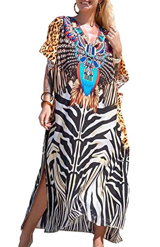 Orshoy Damen Sommerkleid Kurzarm V-Ausschnitt Lange Kleid Blumenkleid Elegant Tiefer V-Ausschnitt Baumwolle Maxikleid Abendkleid Freizeitkleider Bedecken Paroes B-Leopardenzebra von Orshoy