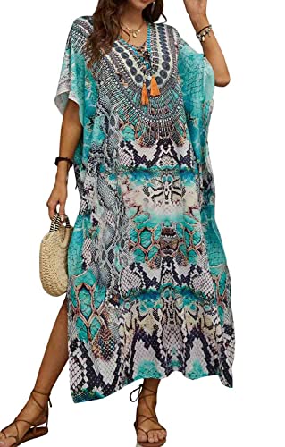 Orshoy Damen Sommerkleid Maxikleid Lose Kaftan Strandkleid Boho Strandponcho Maxi Lange Pareos für Urlaub Nachtwäsche A-Grünes Schlangenmuster von Orshoy