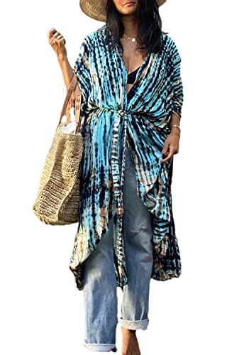 Orshoy Damen Strandkleid Bedecken Pareos Bikini Cover Up Strandponcho Kimono Cardigan Morgenmantel Lange Sommer Bluse Strand Bademode Bikini Umhang Strand Cover Up Blau 2 von Orshoy