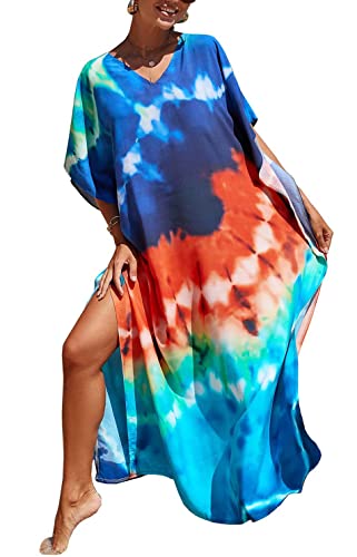 Orshoy Damen Strandkleid Bikini Cover Up Sommerkleid Maxi Kaftan Sommer Strandponcho Maxikleid V-Ausschnitt Freizeitkleid Nachtwäsche Badeanzug Beach Cover Up Bedecken Pareos Blau Orange von Orshoy