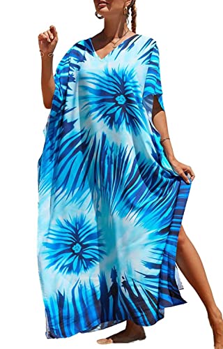 Orshoy Damen Strandkleid Bikini Cover Up Sommerkleid Maxi Kaftan Sommer Strandponcho Maxikleid V-Ausschnitt Freizeitkleid Nachtwäsche Badeanzug Beach Cover Up Bedecken Pareos Blau von Orshoy