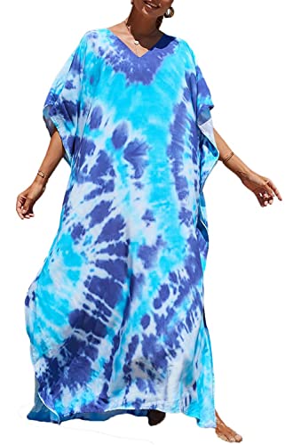 Orshoy Damen Strandkleid Bikini Cover Up Sommerkleid Maxi Kaftan Sommer Strandponcho Maxikleid V-Ausschnitt Freizeitkleid Nachtwäsche Badeanzug Beach Cover Up Bedecken Pareos Hell- und Dunkelblau von Orshoy