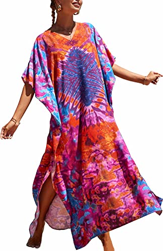 Orshoy Damen Strandkleid Bikini Cover Up Sommerkleid Maxi Kaftan Sommer Strandponcho Maxikleid V-Ausschnitt Freizeitkleid Nachtwäsche Badeanzug Beach Cover Up Bedecken Pareos Orange Violett von Orshoy