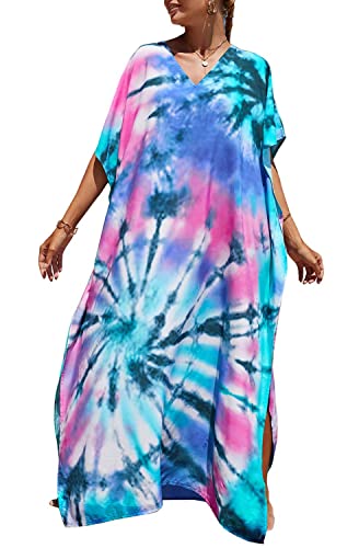 Orshoy Damen Strandkleid Bikini Cover Up Sommerkleid Maxi Kaftan Sommer Strandponcho Maxikleid V-Ausschnitt Freizeitkleid Nachtwäsche Badeanzug Beach Cover Up Bedecken Pareos Rosa Blau von Orshoy