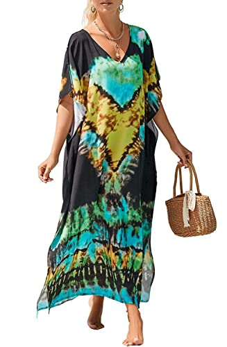 Orshoy Damen Strandkleid Bohemian Kaftan Langes Loungewear Lose Baumwolle Sommerkleid Vertuschungen Robe Sarong Pareos Boho Lange Kleid Umstandskleid Nachthemd A-Schwarz gelb von Orshoy