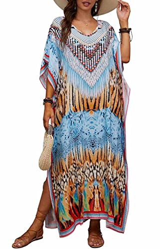 Orshoy Damen Strandkleid Bohemian Kaftan Nachthemd Langes Loungewear Sommerkleid Vertuschungen Robe Sarong Pareo Boho Lange Kleid Umstandskleid A-Hellblau von Orshoy