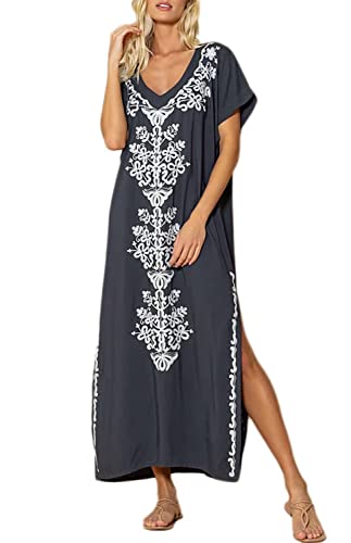 Orshoy Damen Strandkleid Boho Strandponcho Lange Bikini Cover Ups Sommerkleid Sommer Maxikleid Lose Baumwolle Kaftan Langes Kleid für Urlaub und Strand One Size Grau von Orshoy