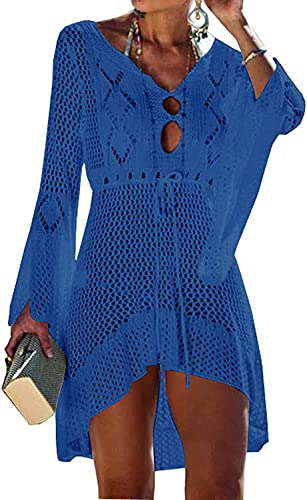 Orshoy Damen Strandkleid Gestrickte Bikini Cover Up Strandponcho Strandkleid Sommer Pareos Dunkel Blau von Orshoy