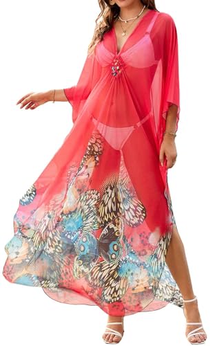 Orshoy Damen Strandkleid Kaftan Kleid Leichte Sommerkleid Bikini Cover Ups Pareos Sommer Maxikleid Lange Kleid Strandponcho mit V-Ausschnitt Strand Bademode Rosa von Orshoy