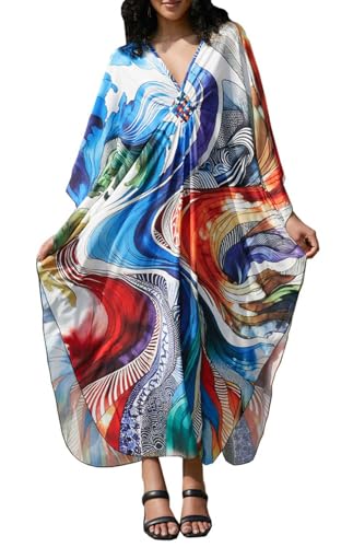 Orshoy Damen Strandkleid Kaftan Kleid Sommer Bademode Cover Up Sommerkleid Lang Maxikleid Sommer V Ausschnitt Kleid Sommer Strandponcho Bikini Cover Ups Abstrakte Muster von Orshoy