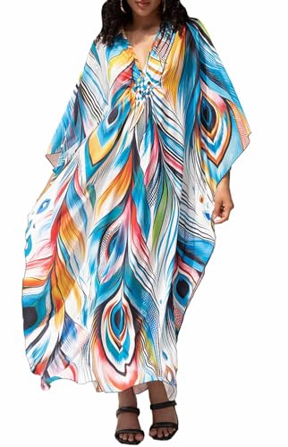 Orshoy Damen Strandkleid Kaftan Kleid Sommer Bademode Cover Up Sommerkleid Lang Maxikleid Sommer V Ausschnitt Kleid Sommer Strandponcho Bikini Cover Ups Blau Orange Federn von Orshoy