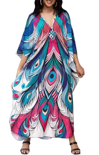 Orshoy Damen Strandkleid Kaftan Kleid Sommer Bademode Cover Up Sommerkleid Lang Maxikleid Sommer V Ausschnitt Kleid Sommer Strandponcho Bikini Cover Ups Blau Rosarot Feder von Orshoy