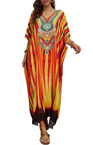 Orshoy Damen Strandkleid Kaftan Lange Strandponcho Sommer Boho Maxikleid Pareo Tunika Bikini Cover Ups Lange Freizeitkleider V-Ausschnitt Maxikleid A-Gelb orange von Orshoy