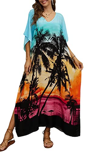 Orshoy Damen Strandkleid Kaftan Plus Size Bathing Suit Cover Up Kaftan Kleid Lang Bikini Coverup Print Beach Cover Up V Ausschnitt Kleid Partykleid A-Kokosnussbäume von Orshoy