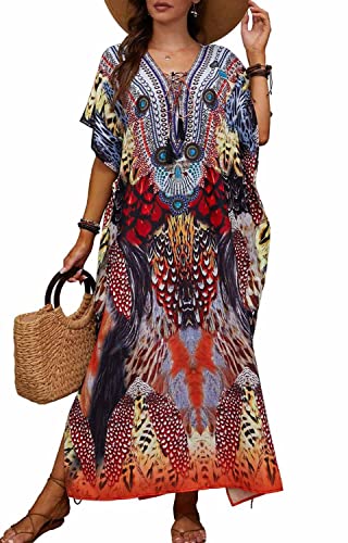 Orshoy Damen Strandkleid Kaftan Sommerkleid Lange Kleid Maxikleid Bikini Cover ups Sommer Strandponcho Freizeitkleid für Urlaub und Strand A-Print 1 von Orshoy