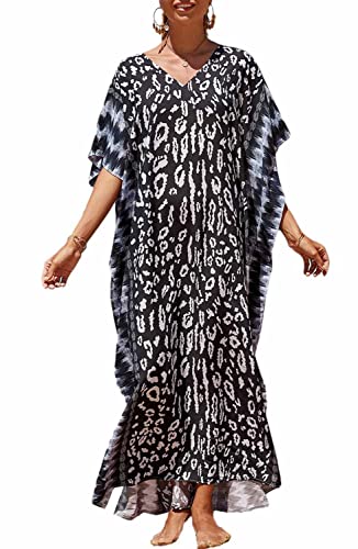 Orshoy Damen Strandkleid Lang Sommer Maxikleid Strandponcho Bikini Cover Ups Lässige Langkleider Freizeitkleid Strand Maxi Kaftan Kleid Badeanzug A-Schwarzer Leopardenpunkt von Orshoy