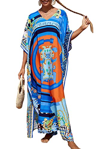 Orshoy Damen Strandkleid Maxi Kaftan Boho Strandponcho Lange Bikini Cover Ups Sommerkleid Maxikleid Lose Maxi Kimono Kaftan Nachtwäsche A-Blau/Orange von Orshoy