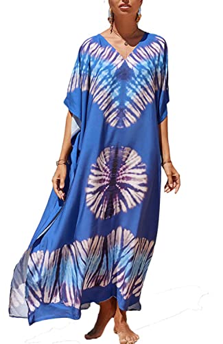 Orshoy Damen Strandkleid Maxi Kaftan Boho Strandponcho Lange Bikini Cover Ups Sommerkleid Maxikleid Lose Maxi Kimono Kaftan Nachtwäsche Outwear A-Blau von Orshoy