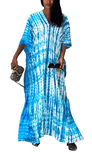 Orshoy Damen Strandkleid Maxi Kaftan Boho Strandponcho Lange Bikini Cover Ups Sommerkleid Maxikleid Lose Maxi Kimono Kaftan Nachtwäsche Sleepwear B-Blauer See von Orshoy