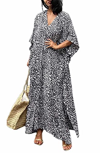 Orshoy Damen Strandkleid Maxi Kaftan Boho Strandponcho Lange Bikini Cover Ups Sommerkleid Maxikleid Lose Maxi Kimono Kaftan Nachtwäsche Sleepwear E-Black/Grau Leopard von Orshoy