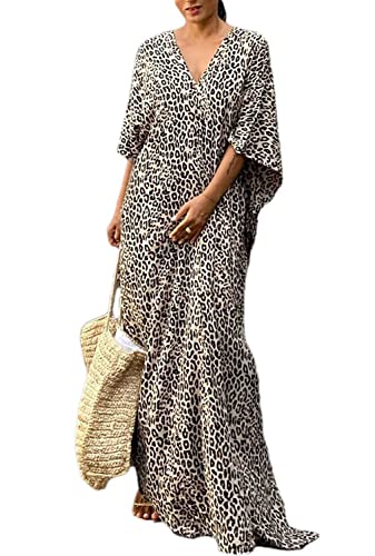 Orshoy Damen Strandkleid Maxi Kaftan Boho Strandponcho Lange Bikini Cover Ups Sommerkleid Maxikleid Lose Maxi Kimono Kaftan Nachtwäsche Sleepwear E-Gelb Leopard von Orshoy