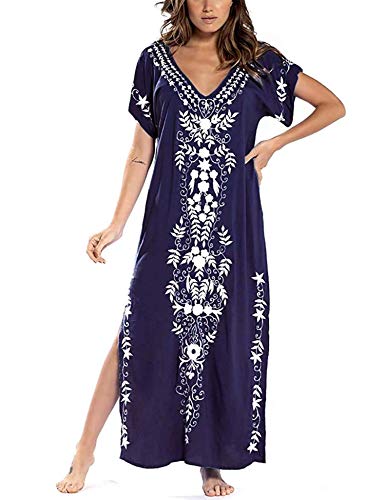 Orshoy Damen Strandkleid Sommer Bikini Cover up Strandponcho Pareos Loose Fit Sexy Kleid Strand Tunika Lang Maxi Lang Pareo Kaftan Navyblau von Orshoy