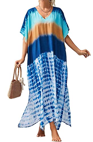 Orshoy Damen Strandkleid Sommer Lang Strandponcho Sommerkleid Freizeitkleider Maxikleid Badeanzug Bikini Cover Ups V Ausschnitt Kleid Kurzarm Lange Kleid für Sommer A-Blau Tie-dye von Orshoy