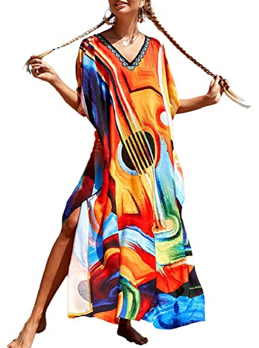 Orshoy Damen Strandkleid Sommer Strandponcho Badeanzug Bikini Cover Ups Sommerkleid Maxi Kaftan Kleid Boho Kleid Lang Strand Umhang Sleepwear A-Farbige Gitarren von Orshoy