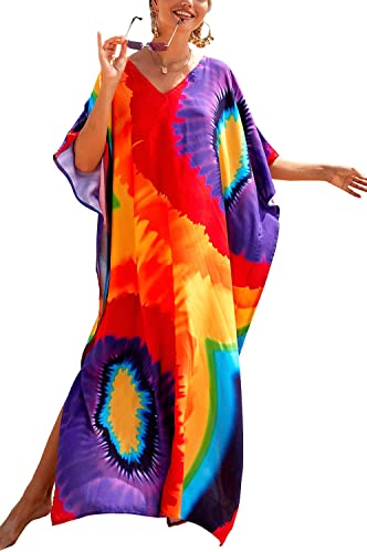 Orshoy Damen Strandkleid Sommerkleid Lose Baumwolle Kaftan Sommer Maxikleid Boho Strandponcho Langes Kleid Beachwear Boho One Size A-Regenbogen von Orshoy