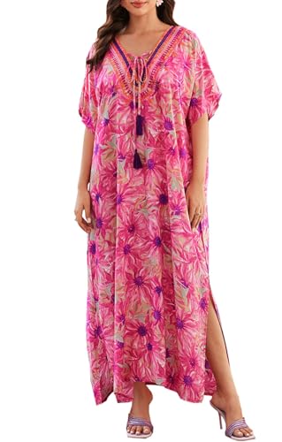 Orshoy Damen Strandkleid Sommerkleid V-Ausschnitt Print Maxi Kaftan Kleid Cover Up Strandponcho Lose Maxikleid Sommer Beachwear Rosarot von Orshoy