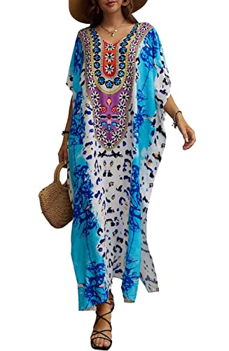 Orshoy Damen Strandkleid Strandponcho Oversize Bikini Cover Up Sommer Strandkleid Bikini Tunika Cover Up Strandurlaub Kurzarm Lange Kleid Umstandskleid A-Print 4 von Orshoy