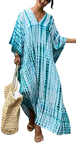 Orshoy Damen Strandkleid Strandtunika Kaftan Boho Kleid Lang Strandponcho Bikini Sommerkleid Badekleid Badeanzug Sommer Maxikleid Beachwear Boho Bademode Blau/Grün von Orshoy