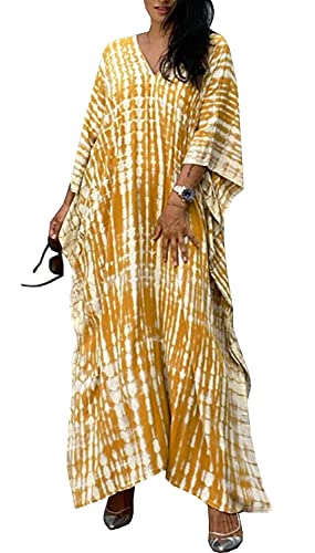 Orshoy Damen Strandkleid Strandtunika Kaftan Boho Kleid Lang Strandponcho Bikini Sommerkleid Badekleid Badeanzug Sommer Maxikleid Beachwear Boho Bademode Gelb/Weiß von Orshoy