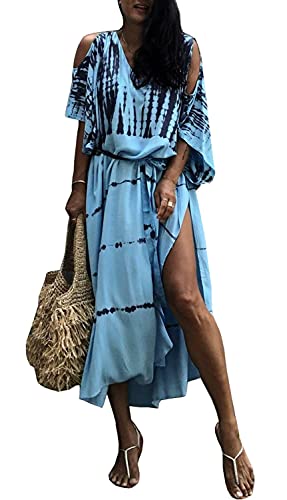 Orshoy Damen Strandkleid Strandtunika Kaftan Boho Kleid Lang Strandponcho Bikini Sommerkleid Badekleid Badeanzug Sommer Maxikleid Beachwear Boho Bademode Grau/Blau von Orshoy