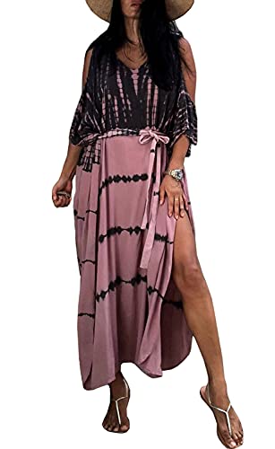 Orshoy Damen Strandkleid Strandtunika Kaftan Boho Kleid Lang Strandponcho Bikini Sommerkleid Badekleid Badeanzug Sommer Maxikleid Beachwear Boho Bademode Grau/Rosa von Orshoy