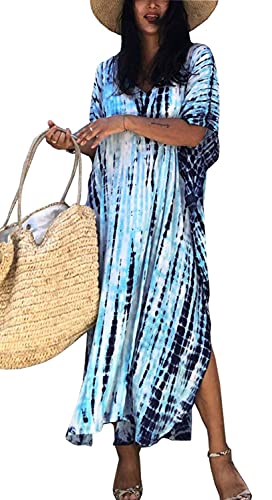 Orshoy Damen Strandkleid Strandtunika Kaftan Boho Kleid Lang Strandponcho Bikini Sommerkleid Badekleid Badeanzug Sommer Maxikleid Beachwear Boho Bademode Hellblau von Orshoy