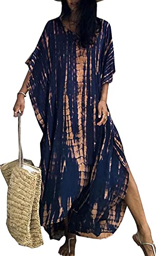 Orshoy Damen Strandkleid Strandtunika Kaftan Boho Kleid Lang Strandponcho Bikini Sommerkleid Badekleid Badeanzug Sommer Maxikleid Beachwear Boho Bademode Navy Tie Dye von Orshoy