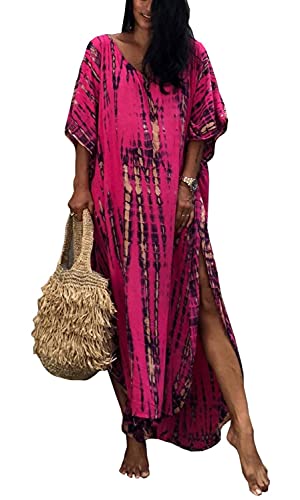 Orshoy Damen Strandkleid Strandtunika Kaftan Boho Kleid Lang Strandponcho Bikini Sommerkleid Badekleid Badeanzug Sommer Maxikleid Beachwear Boho Bademode Rosa von Orshoy