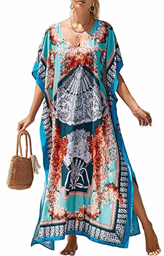 Orshoy Damen Strandkleid Strandtunika V Ausschnitt Lang Sommer Strandponcho Bikini Cover Up Kurzarm V-Ausschnitt Elegant Sommerkleid Druck Kleid mit Schlitz A-Fächerförmig von Orshoy