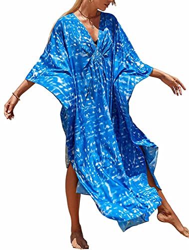 Orshoy Damen Strandkleider Damen Sommer Beach Cover up Bikini Maxi Strandkleid Lang Strand Beachwear Swimsuit Sommer Bademode Strand Poncho Nachtwäsche Pareo Cover ups Blau von Orshoy