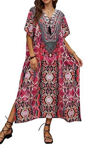 Orshoy Damen Swimsuit Cover Ups V Neck Bikini Cover Up Kaftan Dresses Resort Kleidung Maxi Lange Pareos Causal Kleid A-Rote Schlange von Orshoy