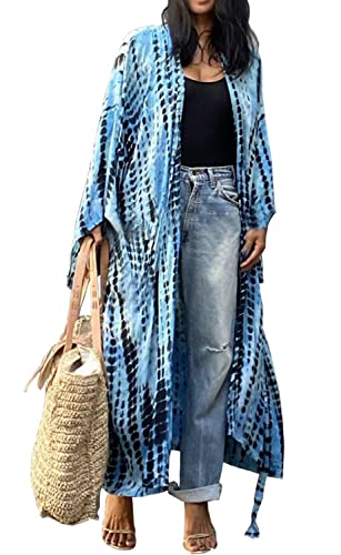 Orshoy Damen Tie Dye Open Front Long Kimono Swimsuit Cover up Rayon Beach Blouses Kimono Cardigan Long Bikini Cover Up Strandkleid E-blau 2 von Orshoy