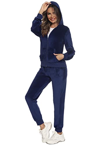 Orshoy Damen Trainingsanzug Jogginganzug 2-Teilig Sweatshirt und Jogginghose Set Velours Winter Warm Sportanzug Hausanzug Tracksuit mit Taschen Marineblau XL von Orshoy