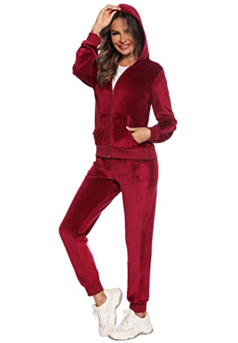 Orshoy Damen Trainingsanzug Jogginganzug 2-Teilig Sweatshirt und Jogginghose Set Velours Winter Warm Sportanzug Hausanzug Tracksuit mit Taschen Weinrot M von Orshoy