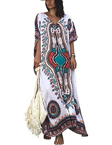 Orshoy Damen Türkischer Kaftan Strandkleid Bikini Cover Up Strandponcho Sommer Bademode Ethnic Print Kaftan Beach Maxikleider Swimsuit Cover up Strandhemd Weiß One Size von Orshoy